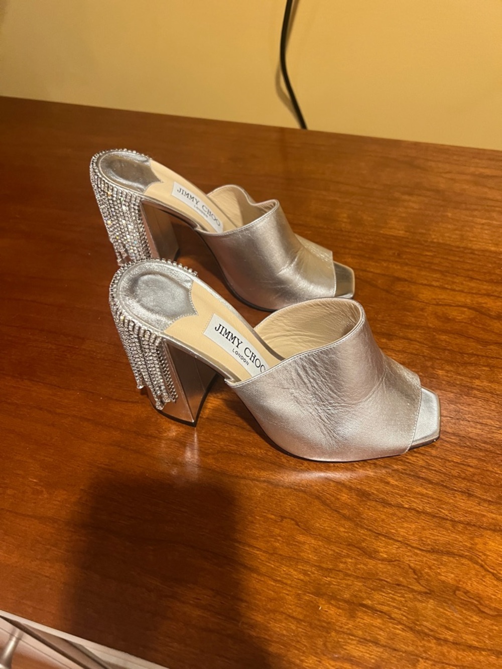 Jimmy Choo Silver Metallic Crystal-Fringe Block Heel Mules